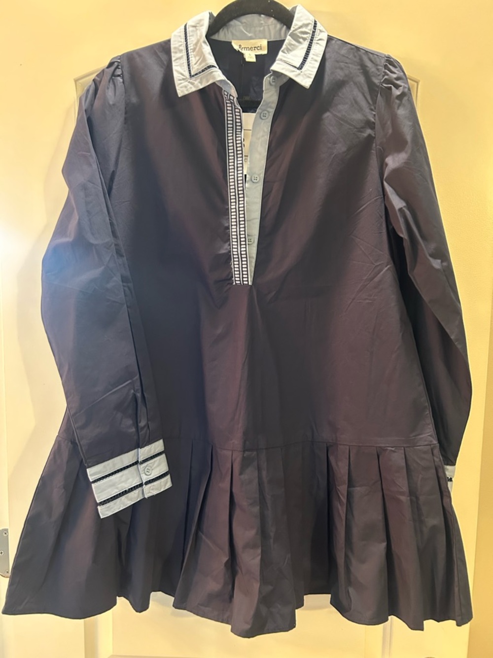 Merci Navy Pleated Long-Sleeve Shirt Dress with Contrast Collar